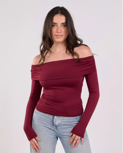 OFF SHOULDER LONG SLEEVE-Burgundy-XS