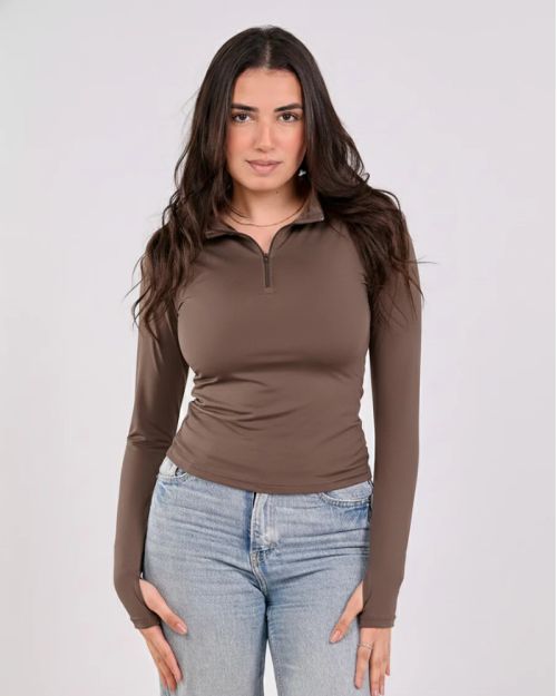 HIGH NECK ZIPPER LONG SLEEVE-Brown-XS