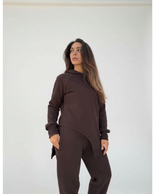 One side Hoodie/Pants Milton Fabric Set-Brown-S