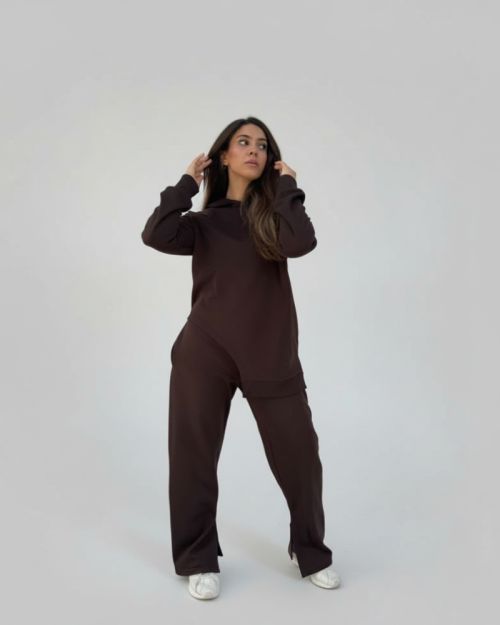 One side Hoodie/Pants Milton Fabric Set-Brown-S