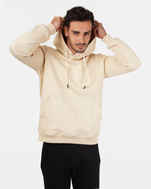Basic Plain Hoodie-Beige-S