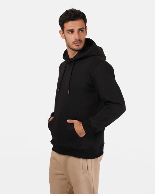 Basic Plain Hoodie-Black-S