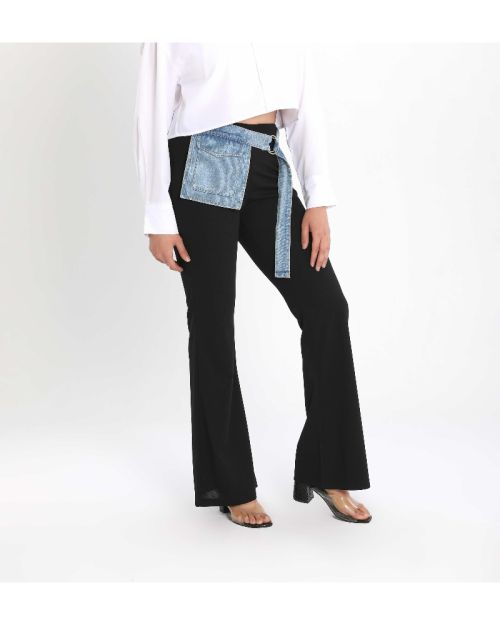 Women’s Flared External Pocket Pants with Denim Belt Detail-Black-S