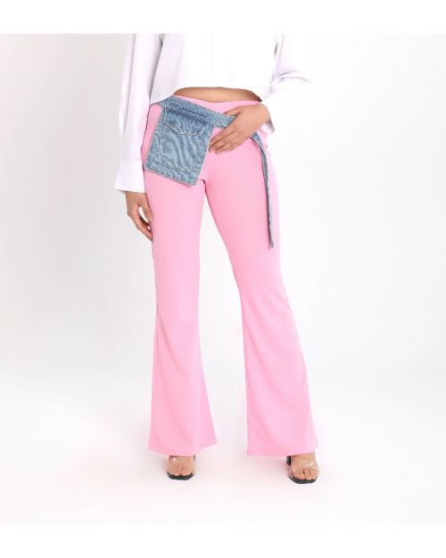 Women’s Flared External Pocket Pants with Denim Belt Detail-Pink-S