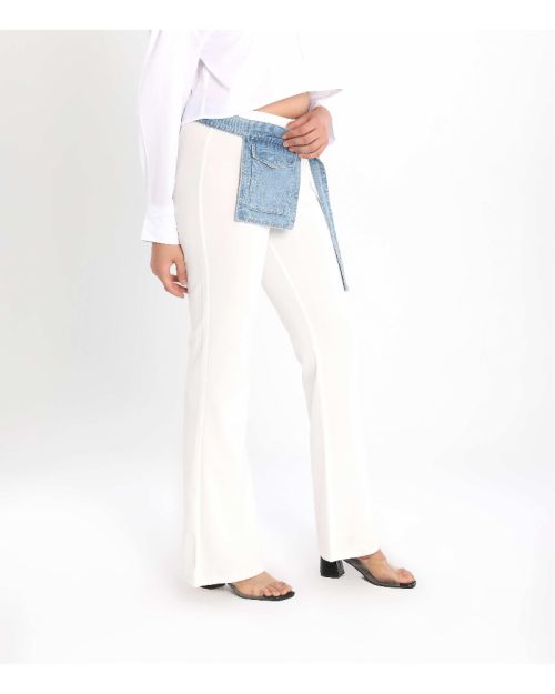 Women’s Flared External Pocket Pants with Denim Belt Detail-White-S