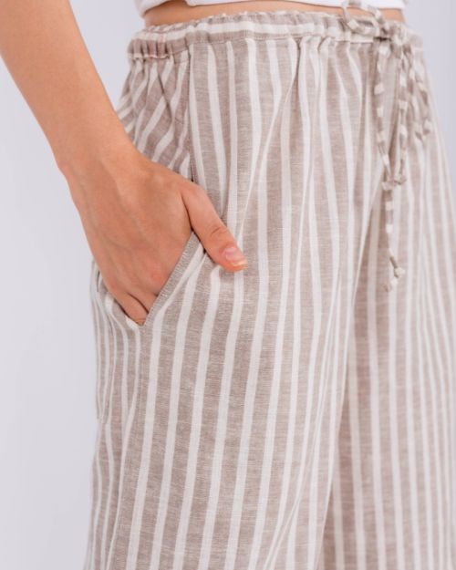 Beige Striped Wide Leg Pants, 100% Linen