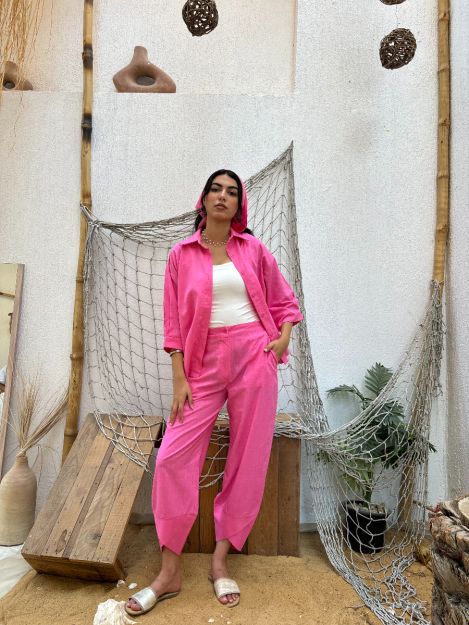 Crisscross Linen Pants-Fushia-S
