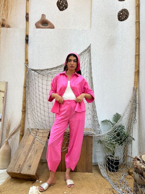 Crisscross Linen Pants-Fushia-S