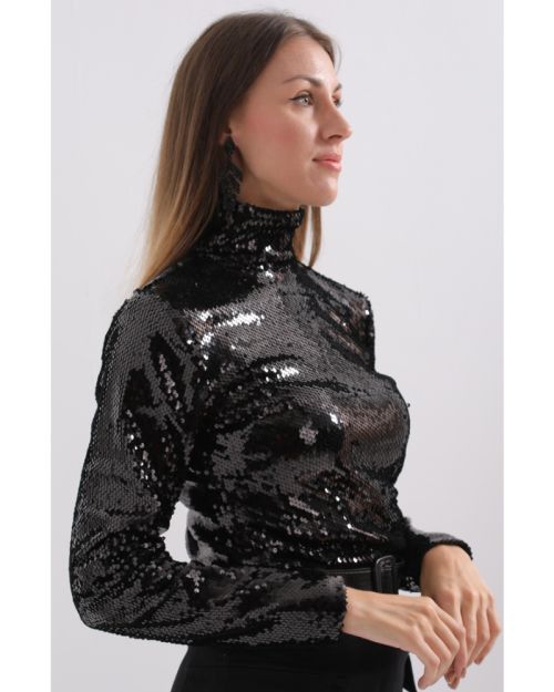 SEQUIN BLACK ROLL-NECK TOP