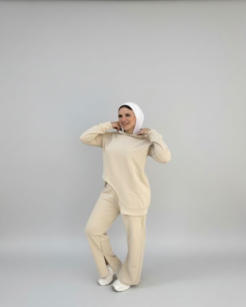 One side Hoodie/Pants Milton Fabric Set-Beige-S