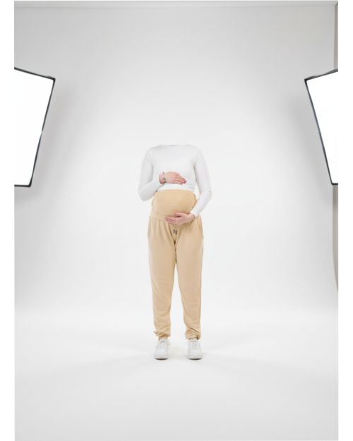 Beige Maternity Jogger Pants with Drawstring | Cozy Over-the-Bump Sweatpants for Pregnancy & Postpartum