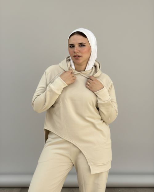 One side Hoodie/Pants Milton Fabric Set-Beige-S