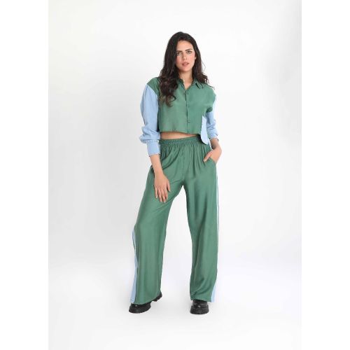 Women’s Two-Piece Fusion Fashion Suit with Denim Accents-Green-S