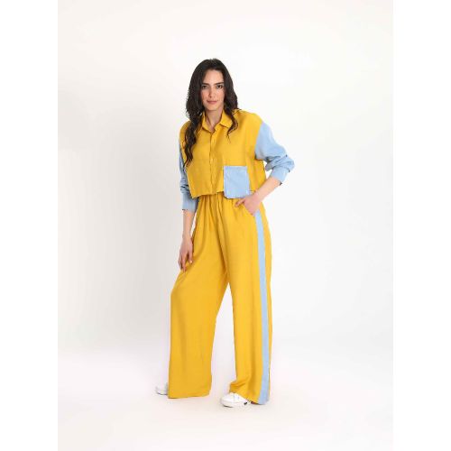 Women’s Two-Piece Fusion Fashion Suit with Denim Accents-Yellow-S