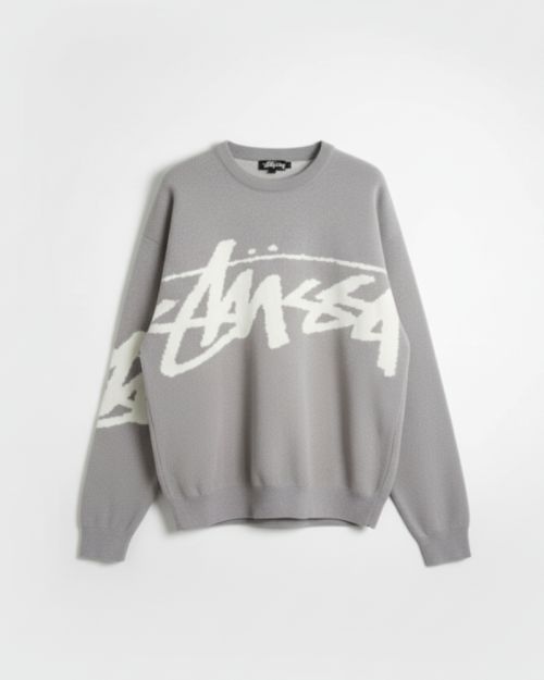 Oversized  Crew  Neck  Graphic  Knit Sweater-M-Gray