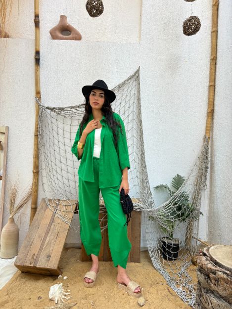Crisscross Linen Pants-Green-S