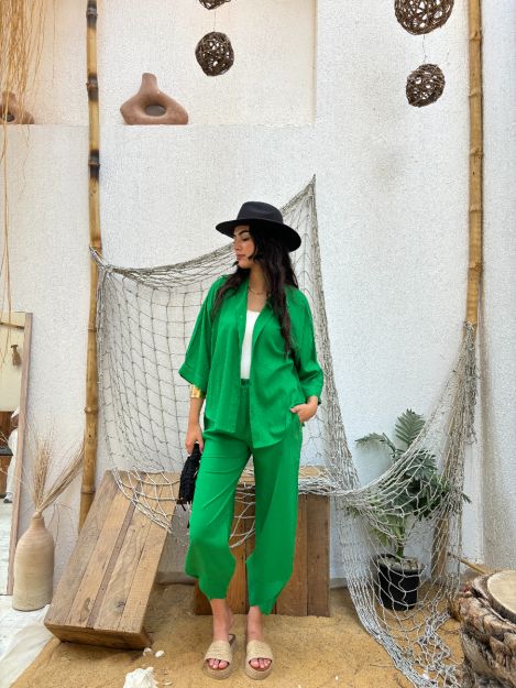 Crisscross Linen Pants-Green-S