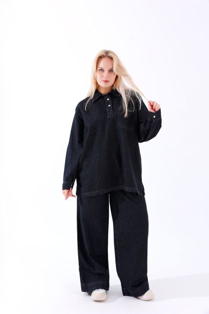 Women’s Oversized Gray Denim Shirt and Pants Set-M