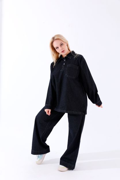 Women’s Oversized Gray Denim Shirt and Pants Set-M