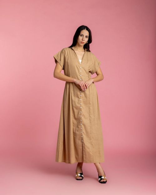 Aziza Dress with Metallic Sparks-Brown-S/M