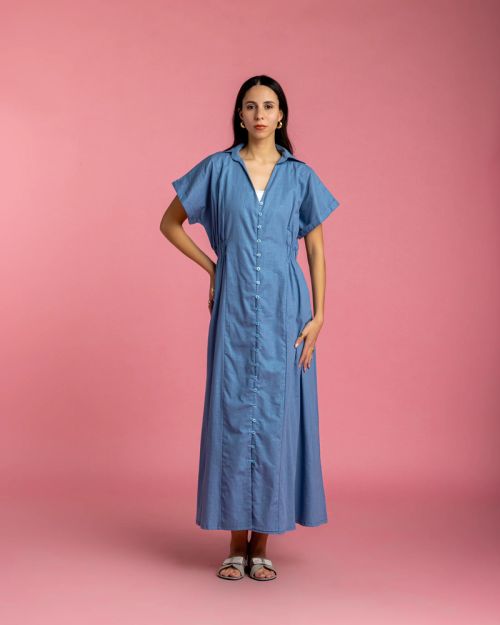 Aziza Dress with Metallic Sparks-Blue-S/M