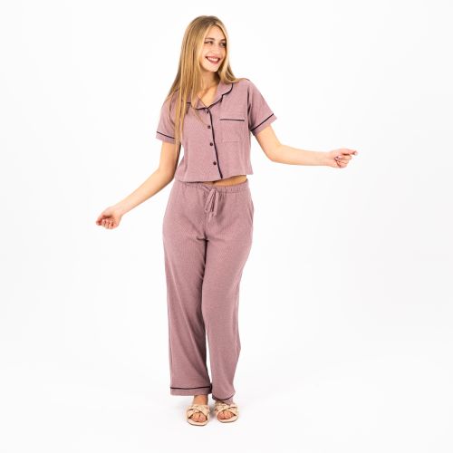 Elegant Buttoned Cotton Pajama Set-Pink-XS