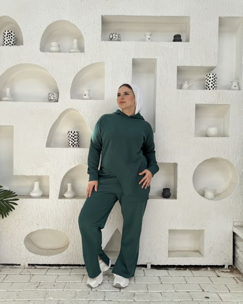 One side Hoodie/Pants Milton Fabric Set-Green-S