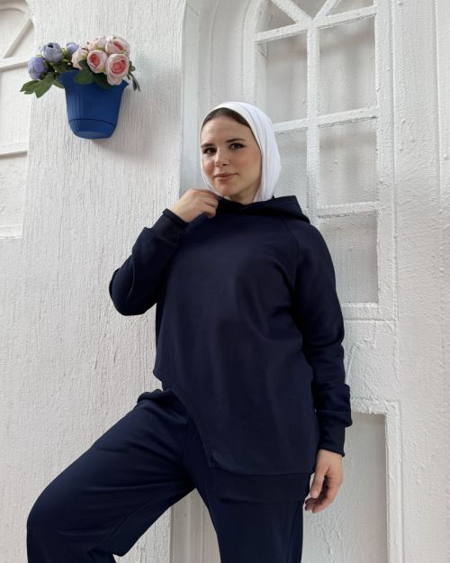 One side Hoodie/Pants Milton Fabric Set-Navy-S
