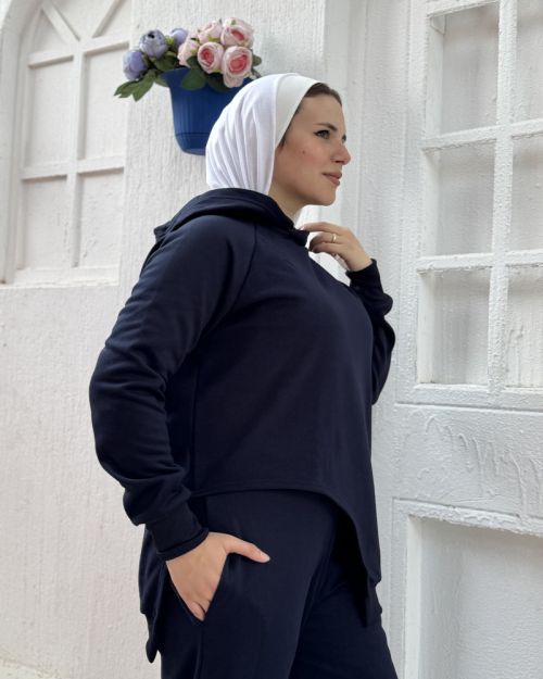 One side Hoodie/Pants Milton Fabric Set-Navy-S
