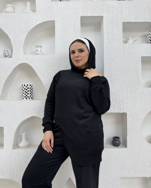 One side Hoodie/Pants Milton Fabric Set-Black-S