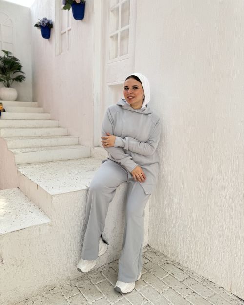 One side Hoodie/Pants Milton Fabric Set-Gray-S