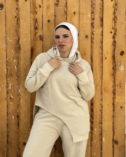 One side Hoodie/Pants Milton Fabric Set-Beige-S