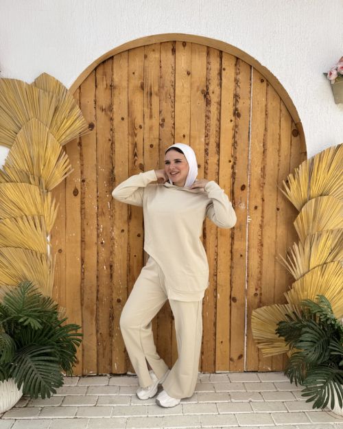 One side Hoodie/Pants Milton Fabric Set-Beige-S