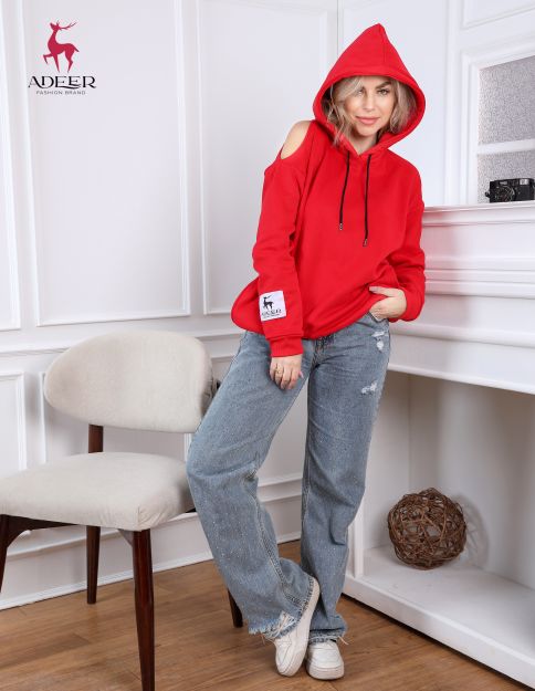 Cut-Out Shoulder Hoodie Sweatshirt For Women-Red-XL