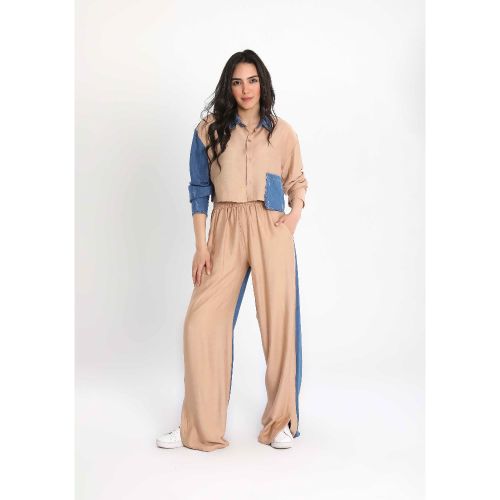 Women’s Jean-tastic Two-Piece Suit with Denim Accents-Beige-S