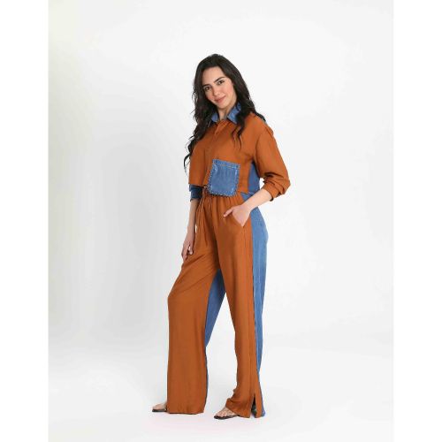 Women’s Jean-tastic Two-Piece Suit with Denim Accents-Brown-S