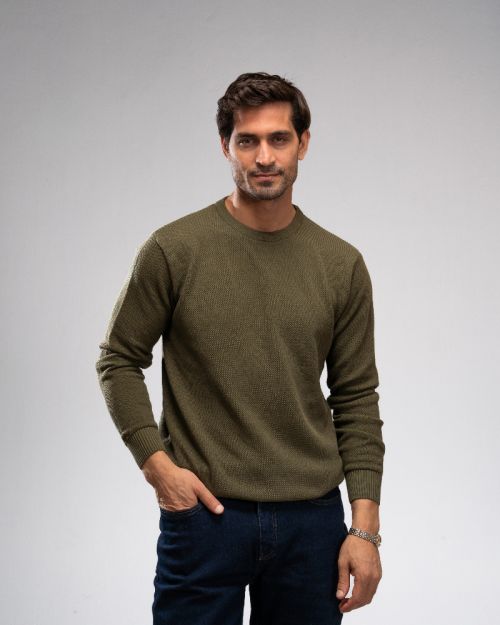 Pique Knit Crew Neck Sweater -Khaki-M