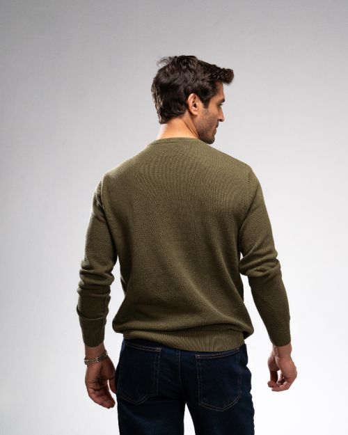 Pique Knit Crew Neck Sweater -Khaki-M