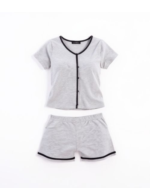 Soft Grey Cotton Buttoned Pajama Set – Short & Chic Comfort-XS