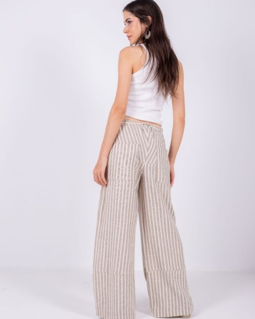 Beige Striped Wide Leg Pants, 100% Linen