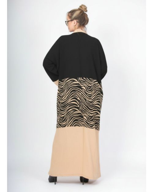 Modern Black & Beige Abaya with Animal Print Accent