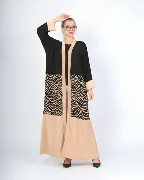 Modern Black & Beige Abaya with Animal Print Accent