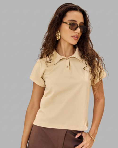 Basic Cotton polo t-shirt-Beige-XS