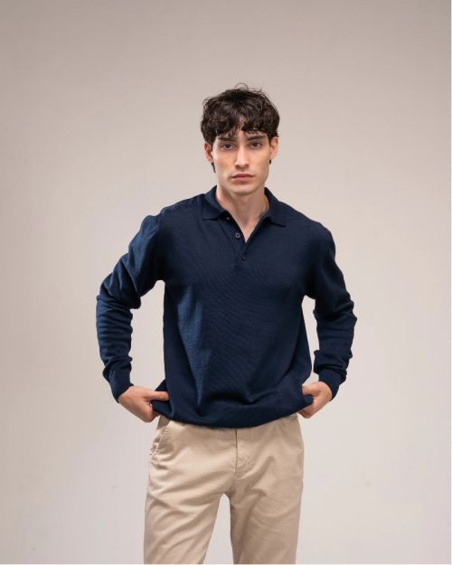 Polo Knit Sweater-M-Navy Blue