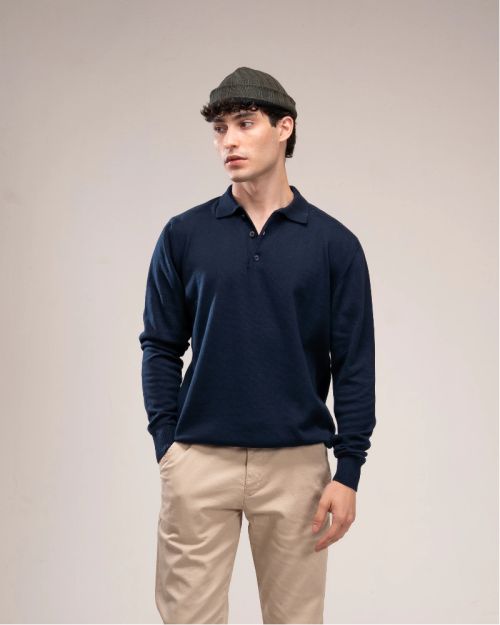 Polo Knit Sweater-M-Navy Blue