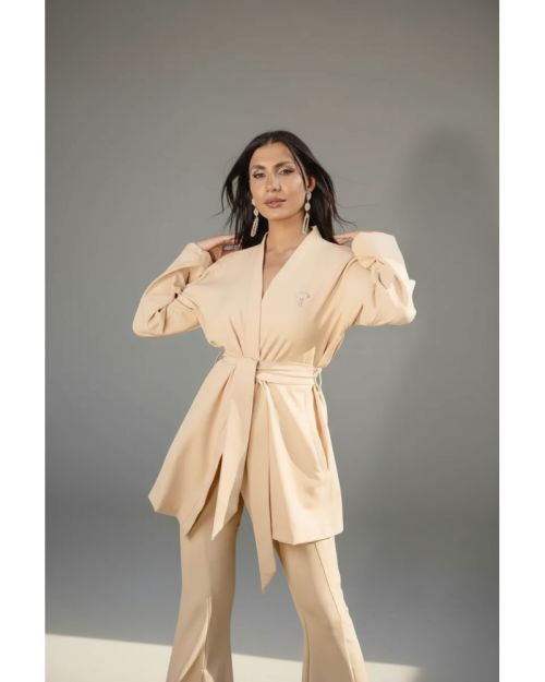 Beige Longline Belted Blazer