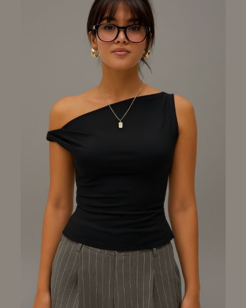 Women’s One-Shoulder Casual Crop Top-Black