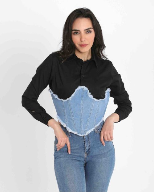 Women’s Corset Crush Shirt with Denim Bustier Detail