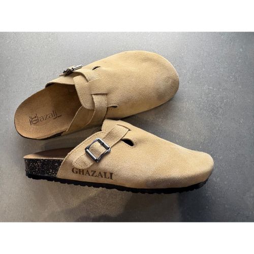 Beige Suede Slip-On Clogs with Buckle-37