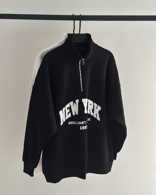 new york Quarter Zip Sweatshirt-Black